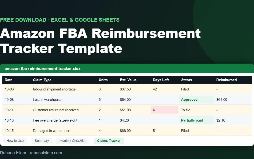 Amazon FBA Excel template: free reimbursement tracker spreadsheet preview