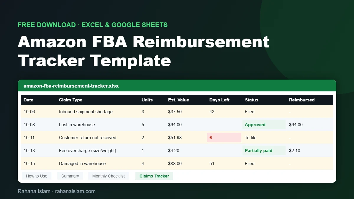 Amazon FBA Excel template: free reimbursement tracker spreadsheet preview