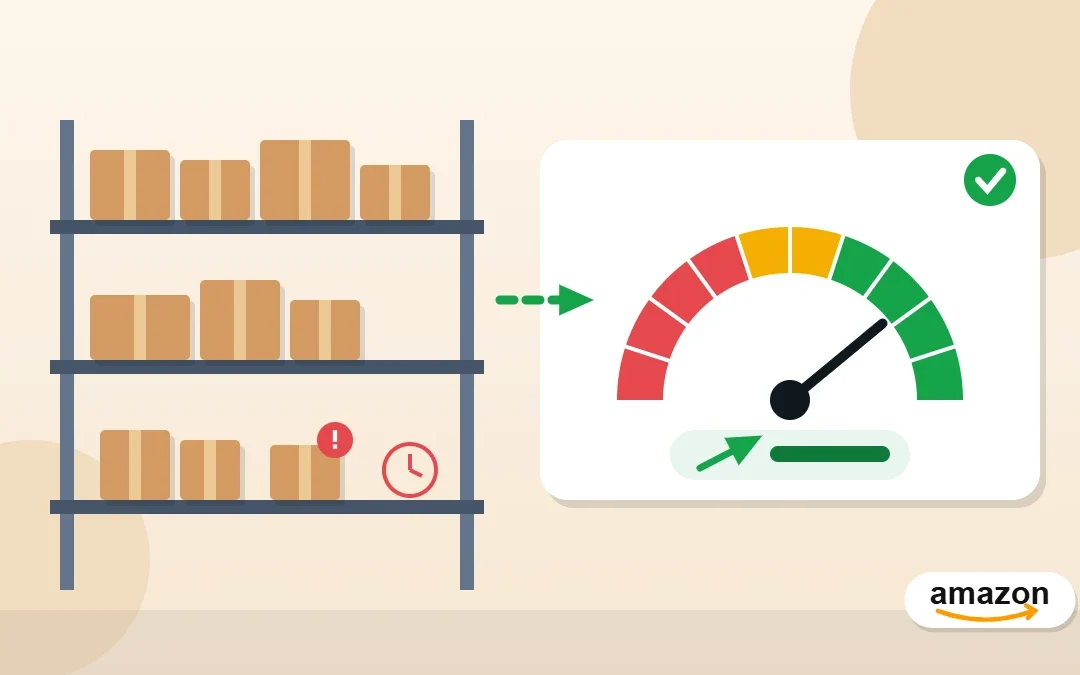 Warehouse shelves with excess and stranded inventory next to an Amazon IPI score gauge in the green