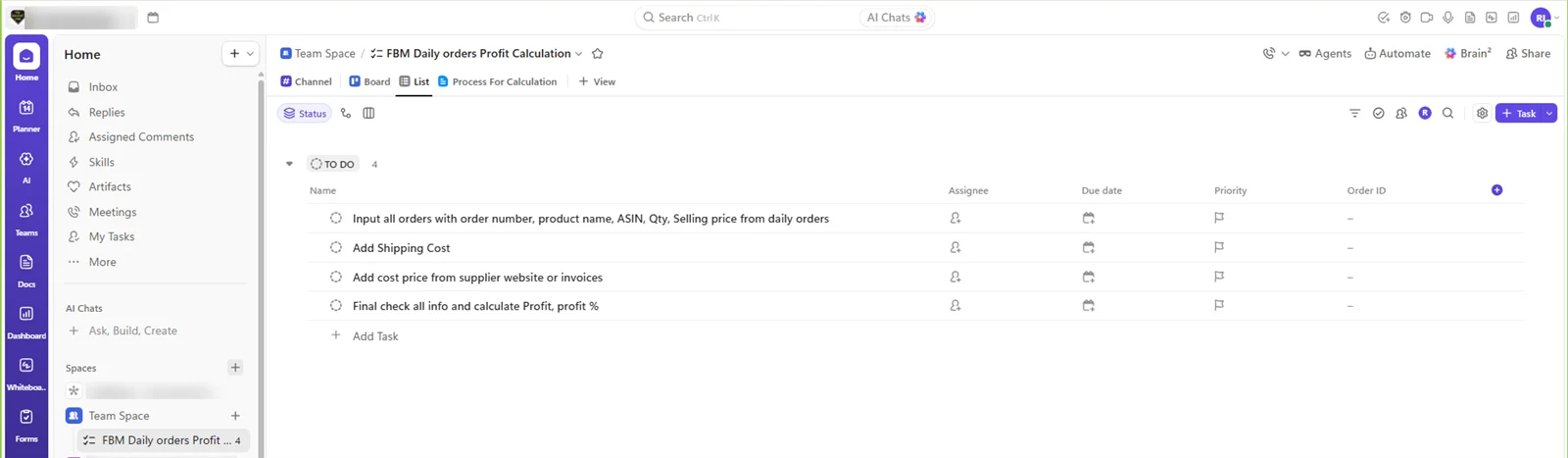 ClickUp list for an FBM daily order profit calculation workflow