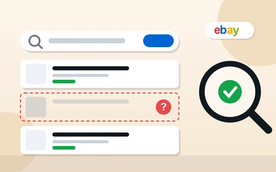 eBay listing not showing in search: search results with one missing listing and a magnifying glass