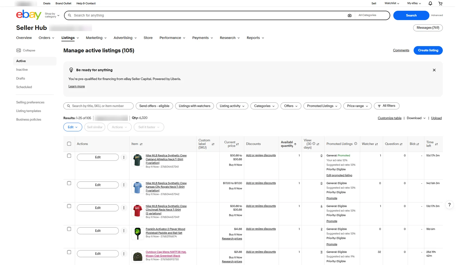 eBay Seller Hub active listings managed by Rahana Islam (seller details blurred)