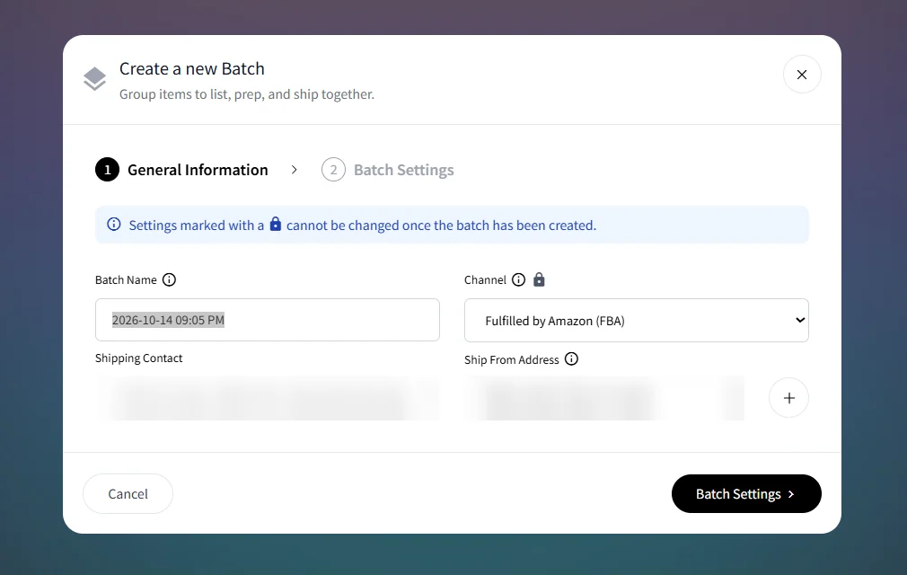 InventoryLab create a new FBA batch screen (address blurred)