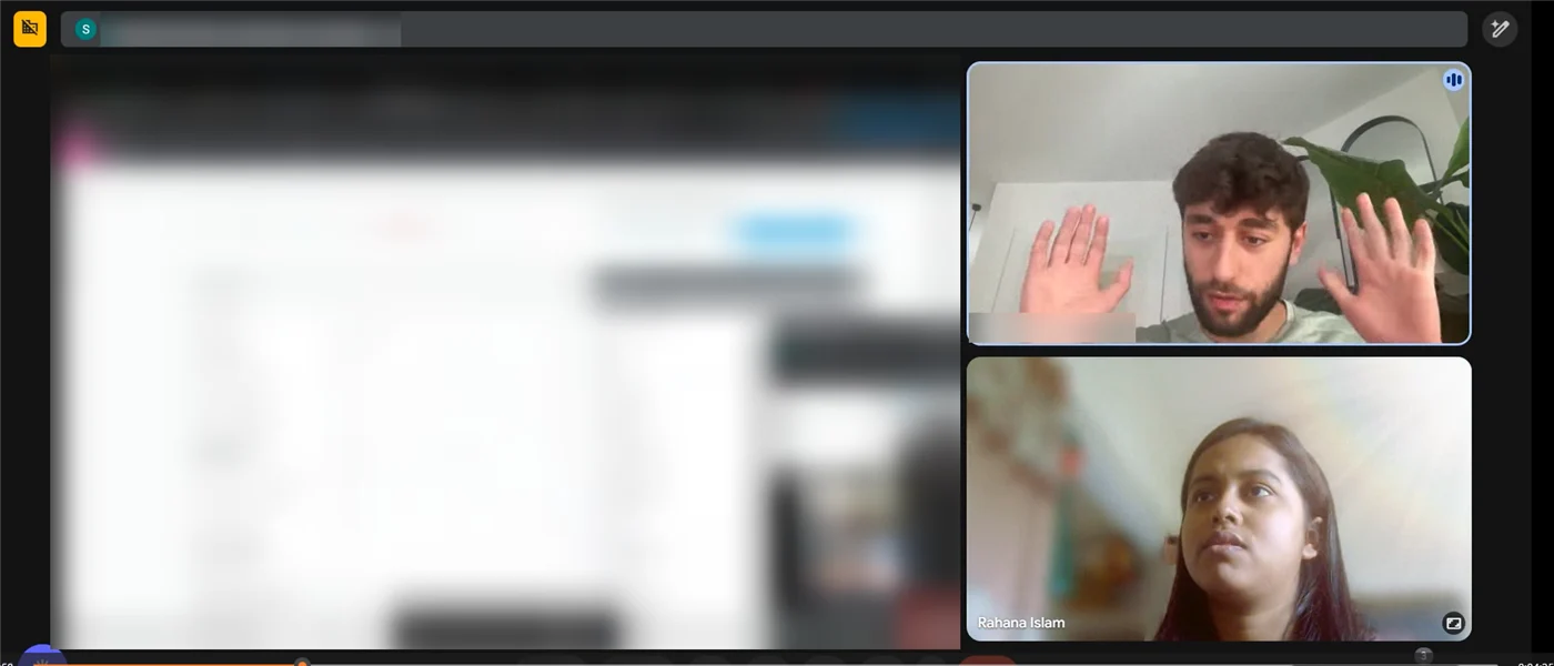 Screen-share training call with a Danish client (screen blurred)