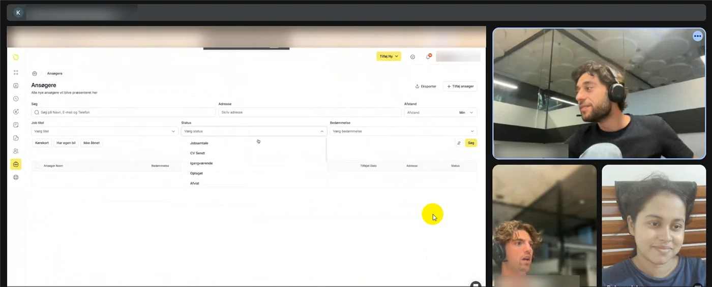 Danish client team walking Rahana Islam through their recruitment platform