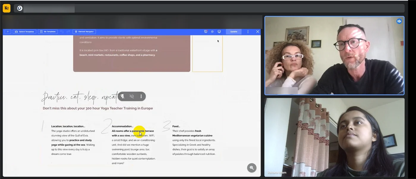 Yoga school owners reviewing their website with Rahana Islam