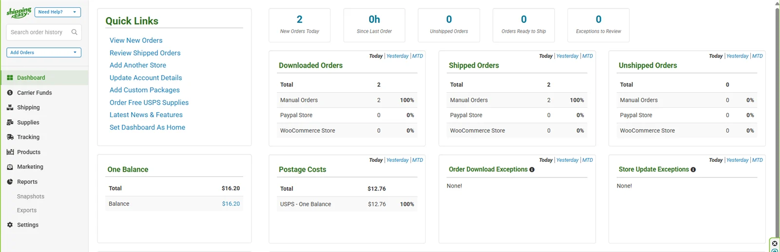 ShippingEasy dashboard with downloaded, shipped and unshipped orders