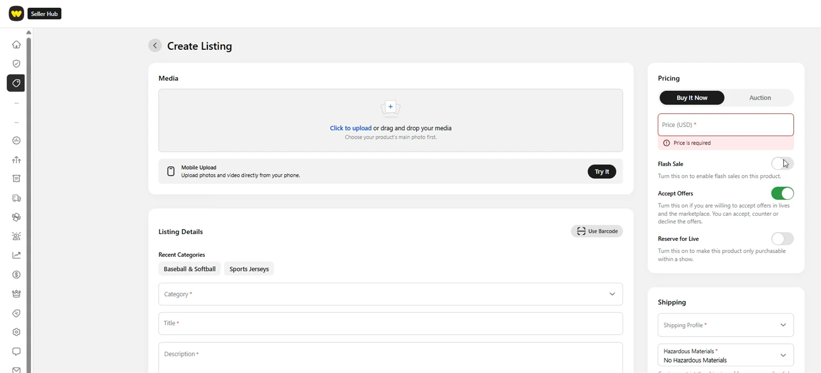 Whatnot Seller Hub create listing form