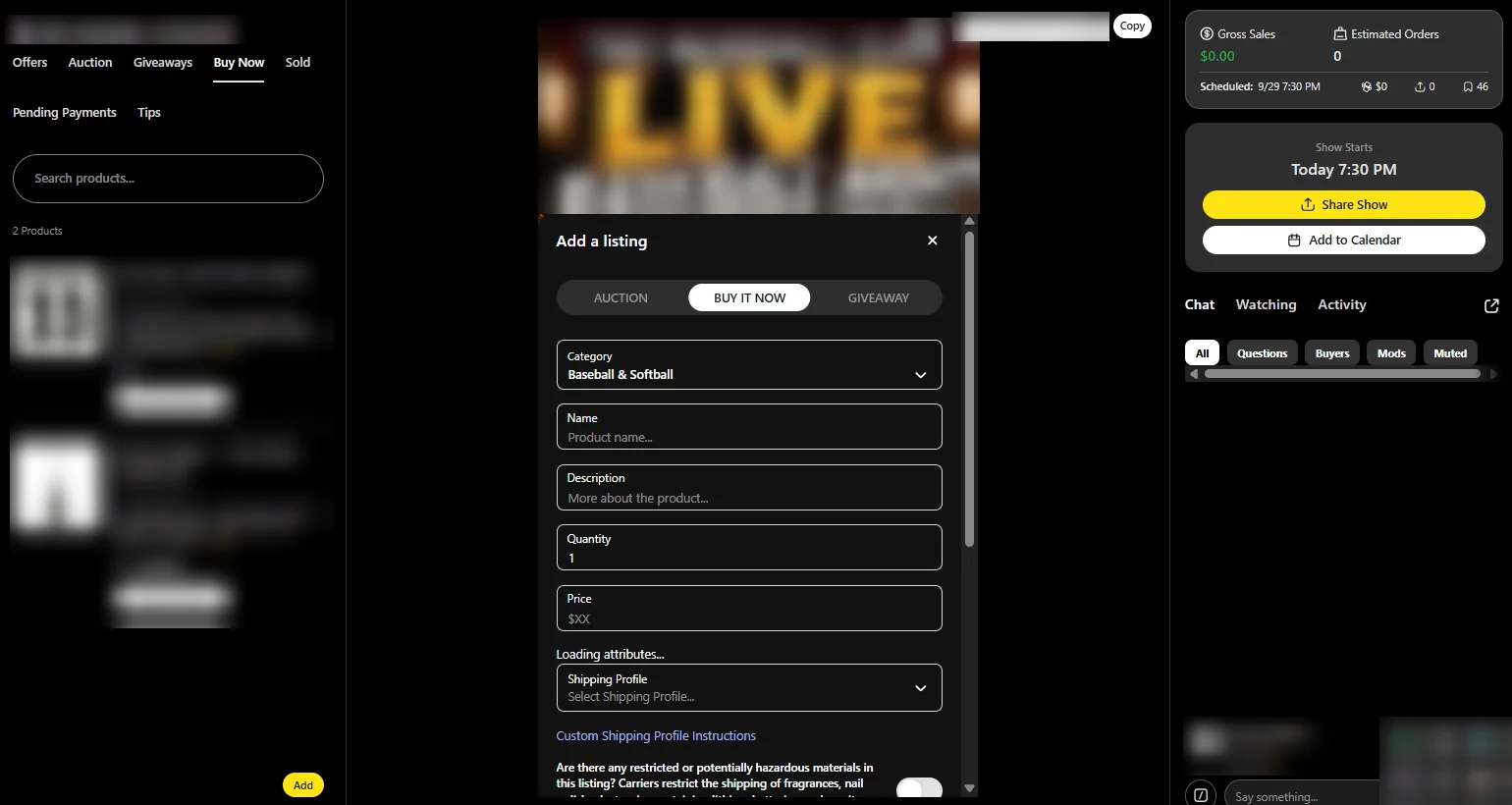 Adding a Buy It Now listing to a Whatnot live show (seller details blurred)